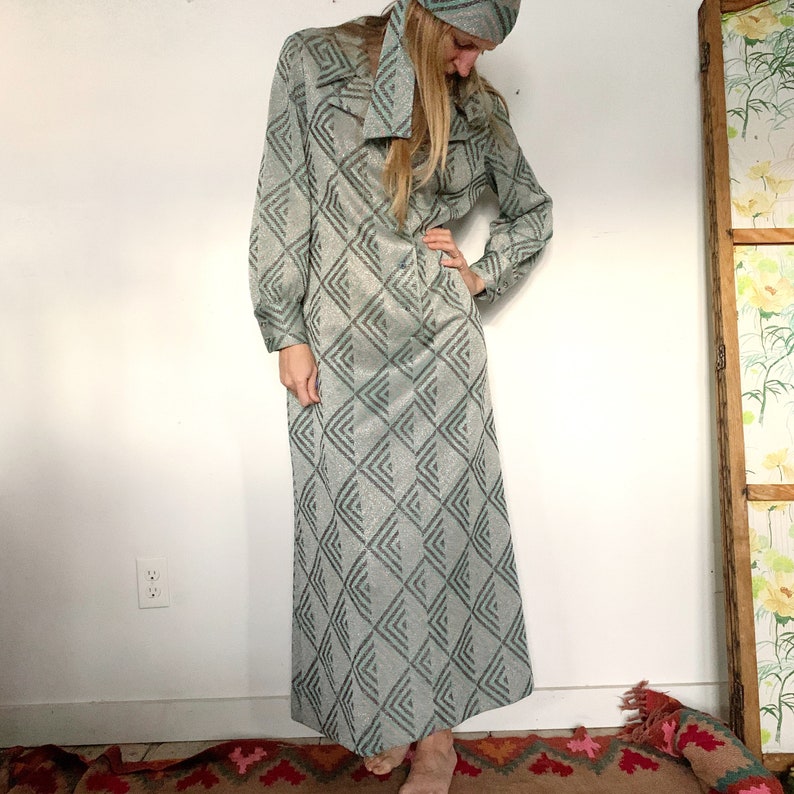 1970s Glam Metallic Silver and Blue Party Maxi Dress