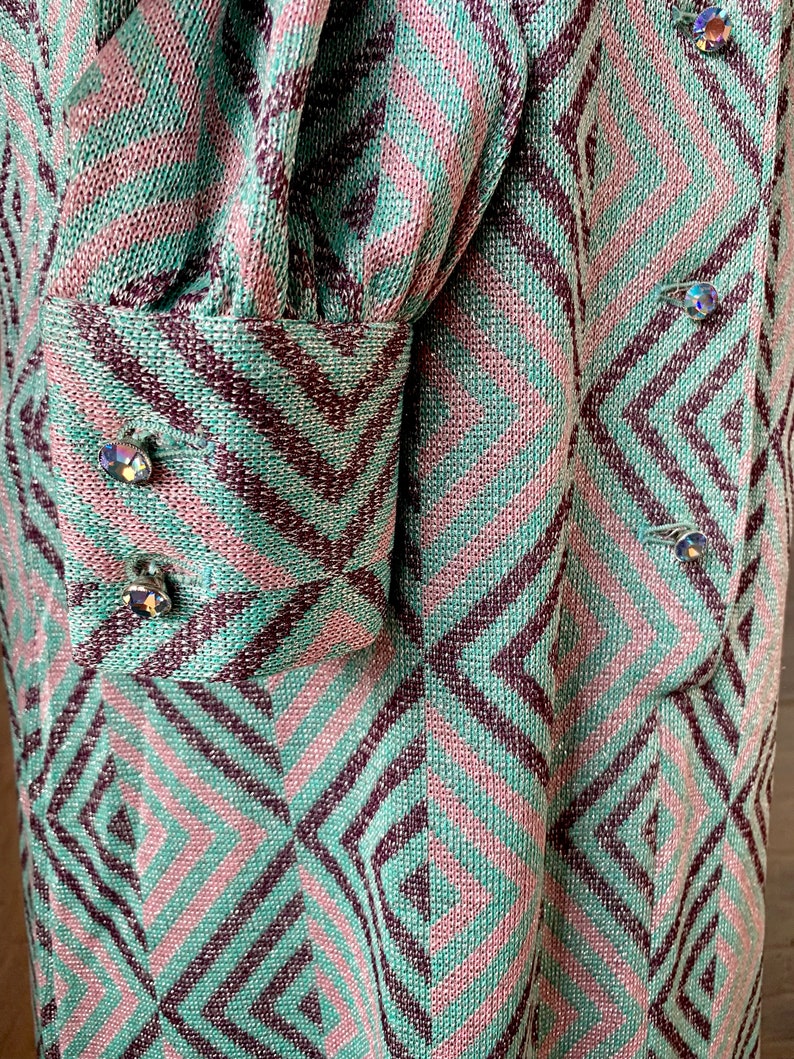 1970s Glam Metallic Silver and Blue Party Maxi Dress