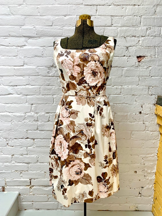 1950s Cream Colored Rose Print Dress