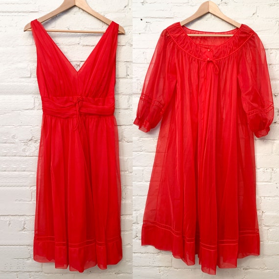 Cherry Red Vintage 60s Peignoir Negligee Set