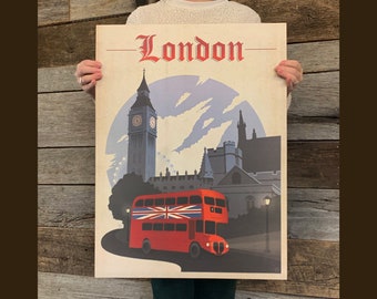 BARGAIN: London England Travel Poster 18x24 by Anderson Design Group | Double Decker BusVintage Poster 18x24 Print (frame not included)