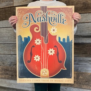 BARGAIN: Nashville Dreams Come True Guitar Travel Poster by Anderson Design Group | Music City 18x24 Print (frame not included)