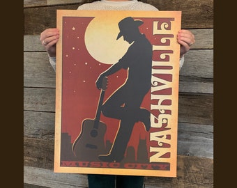 BARGAIN: Nashville Leaning Cowboy Vintage Travel Poster 18x24 by Anderson Design Group | Music City Poster 18x24 Print (frame not included)