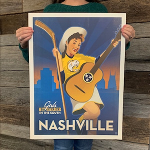 BARGAIN: Nashville Hockey CowGirl Vintage Travel Poster 18x24 by Anderson Design Group | 18x24 Art Print (frame not included)