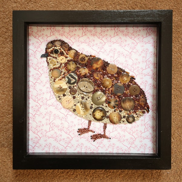 Quail button bird art mosaic. Original wall art gift for bird lovers. Handmade nature inspired bird wall decor.