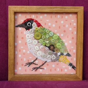 Quirky Woodpecker Button Art: Original Gift for Nature Lovers. Handcrafted Bird Wall Art