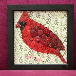 Unique Northern Cardinal button bird art mosaic. Original wall art gift for bird lovers. Handmade nature inspired bird wall decor.