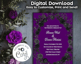 May include: Purple wedding invitation with black floral border and text that reads "You are invited to the wedding ceremony of Rowen West & Devon Marias Friday October 27th 2026 Six o'clock in the evening West Hall Theatre 2766 West Main Street Jonesborough, NY"