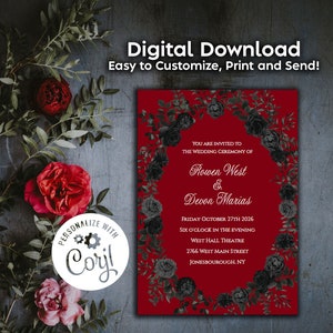 Red Black Elegant Gothic Wedding Invitation Editable Digital Download Roses Party