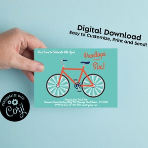 Bicycle Birthday Party Invitation Editable Digital Bike Kids Cute Cycling Download