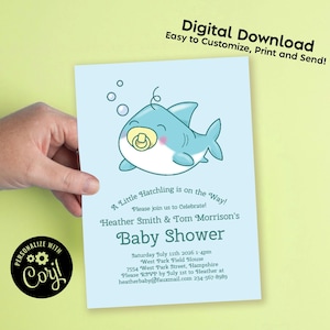 Shark Under the Sea Baby Shower Invitation Editable Digital Download Cute Kids
