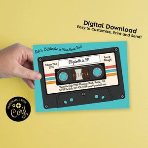 Convite de festa de aniversário em fita cassete editável download digital retrô anos 80 anos 90 música vintage