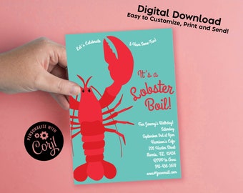 May include: A teal blue invitation with a red lobster illustration. The text reads "It's a Lobster Boil!" and includes details for Jeremy's birthday party, including the date, time, location, and contact information.