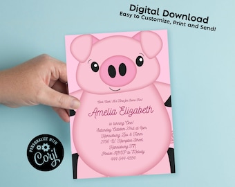 Pink Pig Birthday Party Invitation Editable Digital Download Cute Kids 1st Farm Toddler