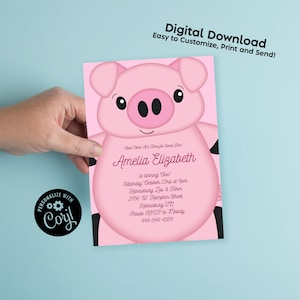 Pink Pig Birthday Party Invitation Editable Digital Download Cute Kids 1st Farm Toddler