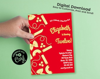 Noodles Pasta Invitation Birthday Party Editable Digital Download Italian Food