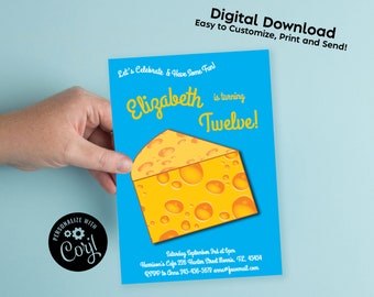 Cheese Birthday Party Invitation Editable Digital Download Cheddar Wedge Cute Kids Toddlers
