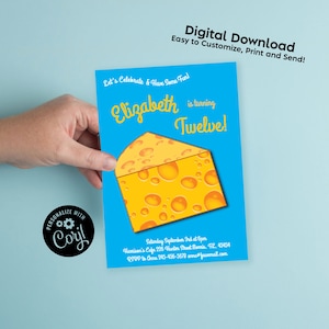 Cheese Birthday Party Invitation Editable Digital Download Cheddar Wedge Cute Kids Toddlers