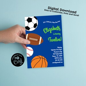 Sports Invitation Editable Digital Download Birthday Party Kids Football Baseball Basketball Soccer