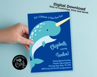 Puede incluir: Una invitación de fiesta de cumpleaños de narval azul y blanco con el texto "Let's Celebrate & Have Some Fun!" y "¡Elizabeth cumple doce años!" La invitación incluye detalles para la fiesta, incluyendo la fecha, la hora, la ubicación y la información de RSVP.