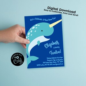 Narwhal Birthday Party Invitation Editable Digital Download Cute Kids Ocean Animal