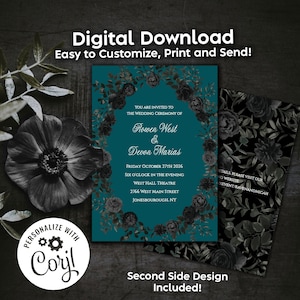 Petrol schwarz Elegante Gothic Hochzeitseinladung Bearbeitbare Digital Download Roses Party