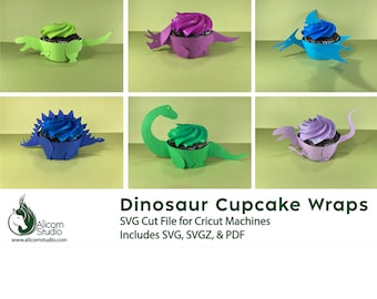 May include: A set of six dinosaur cupcake wrappers, each featuring a different dinosaur design. The wrappers are made of green, blue, purple, and pink cardstock. The text "Dinosaur Cupcake Wraps" is displayed at the bottom of the image. The text "SVG Cut File for Cricut Machines" is displayed below the title. The text "Includes SVG, SVGZ, & PDF" is displayed below the previous text.