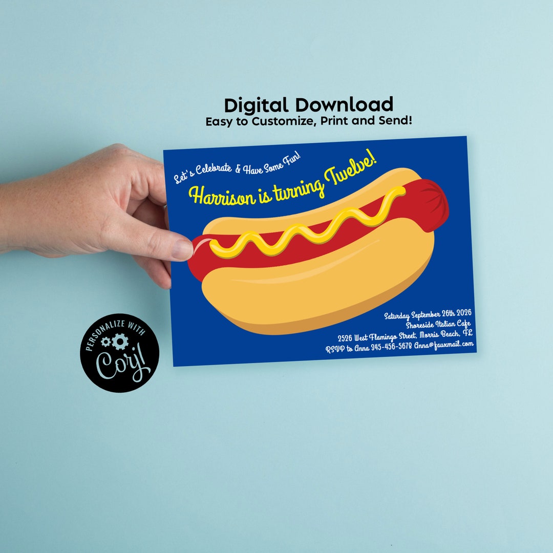 Hot Dog Birthday Party Invitation Editable Digital Download Cute Kids 