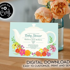 May include: A light blue baby shower invitation with a white teapot and colorful flowers. The text reads "Please join us for a tea party Baby Shower Honoring Madison & Devon McMorris September 26th 2024 Open House from 1-4pm Heather Smith Residence 23 W Autumn Harbor Rd Harrisburg, ME 334-443-4343 Please RSVP to Heather by the 15th".