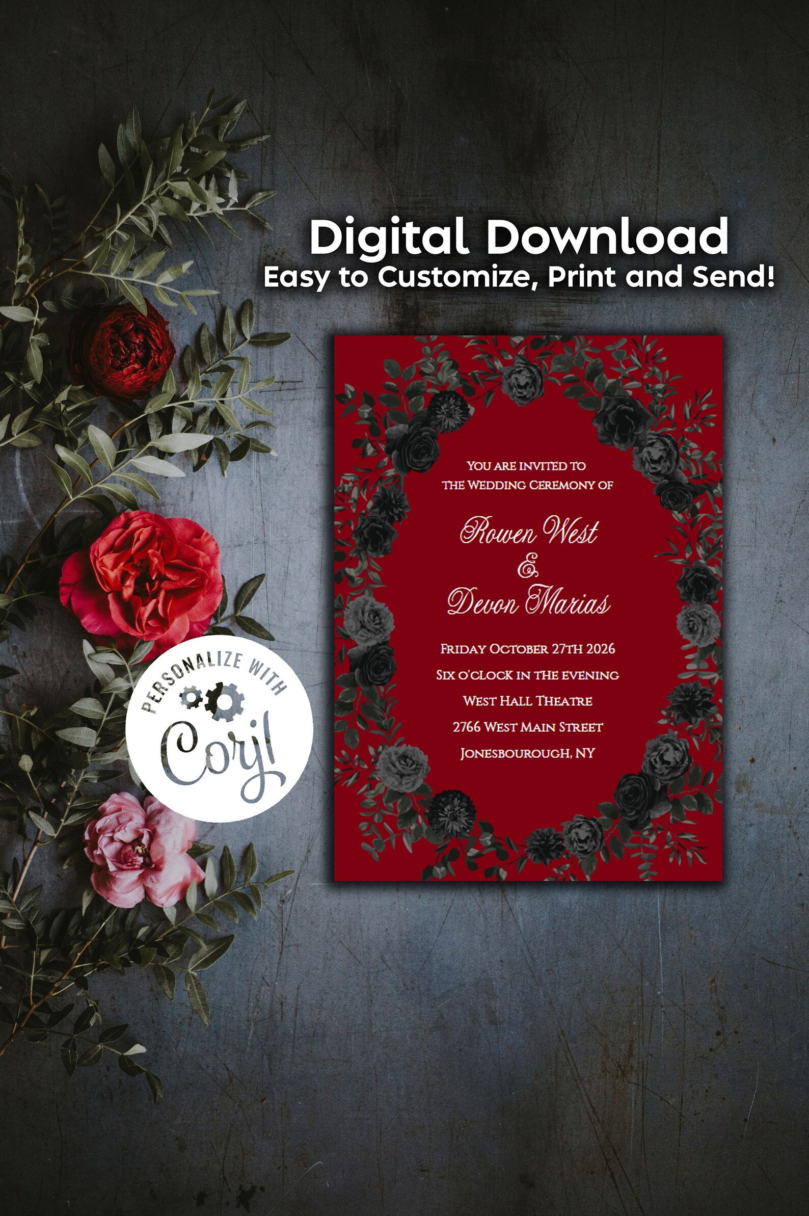 Red Black Wedding Invitation Editable Digital Download Gothic Roses ...