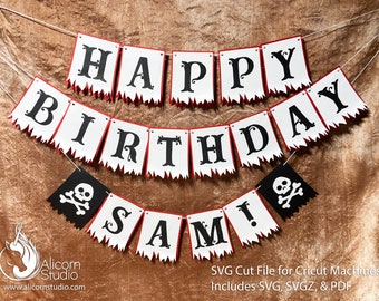 Peut inclure: Une bannière de fête d'anniversaire sur le thème des pirates, blanche et rouge, avec les mots "HAPPY BIRTHDAY SAM!" et deux drapeaux noirs de crâne de pirate et d'os croisés.