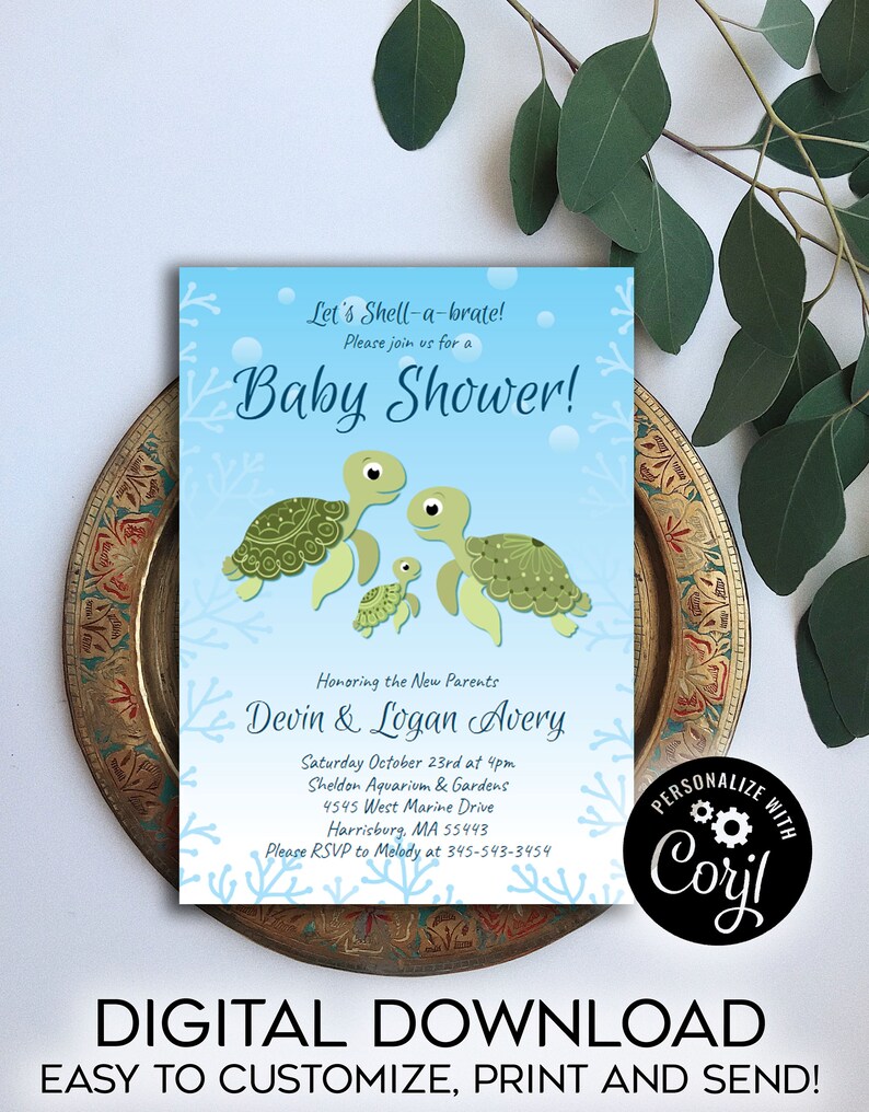 Sea Turtle Baby Shower Invitation Editable Digital Ocean Etsy
