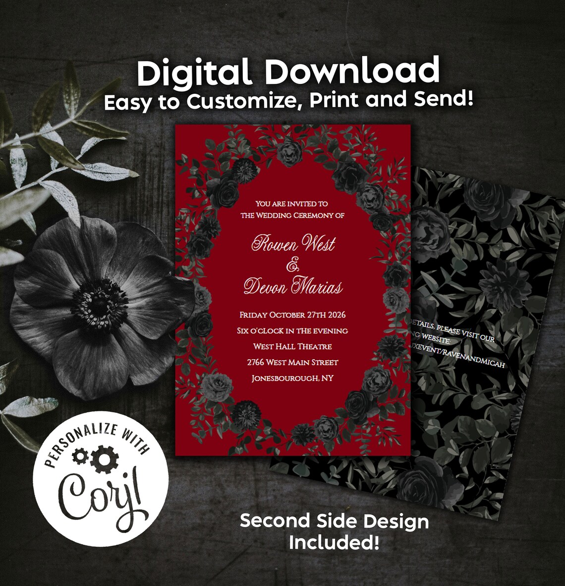 Red Black Wedding Invitation Editable Digital Download Gothic Roses ...