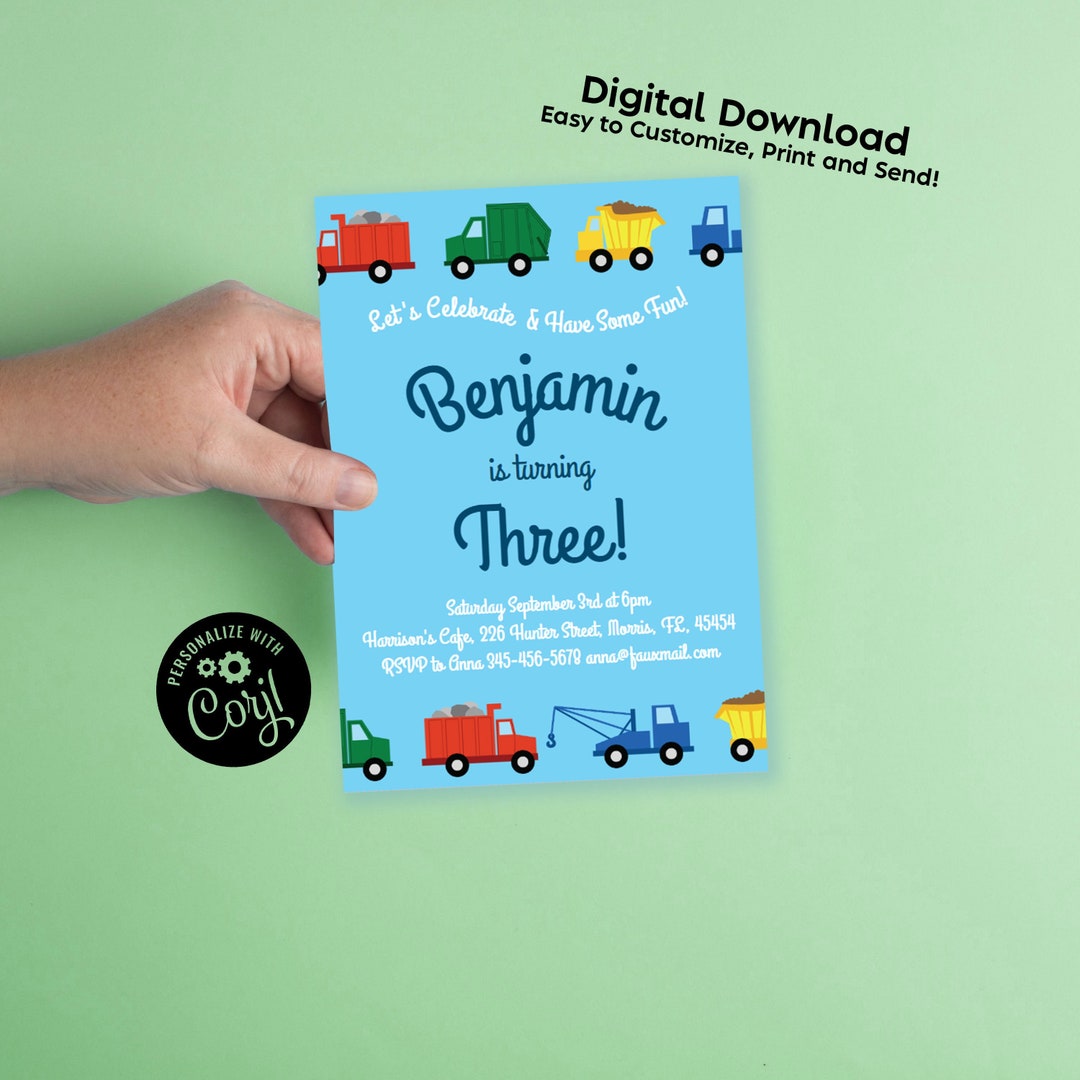 Trucks Birthday Party Invitation Editable Digital Download Toddler Boys