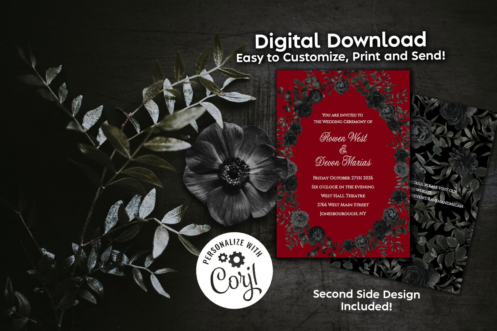 Red Black Wedding Invitation Editable Digital Download Gothic Roses ...
