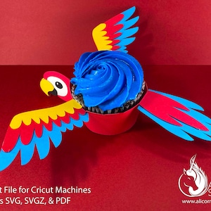 Parrot Bird Cricut Cupcake 3D SVG Cut File for Paper Rainbow Macaw Liner Wrapper Party Decor