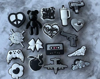 Black and white charms for Crocs, Croc compatible shoe charms, Heart charm, Bow charm