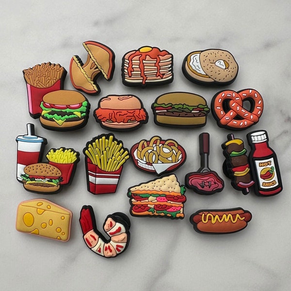 New trending food charms for your crocs, croc compatible fried food, american food clog charms, grilled cheese, onion rings