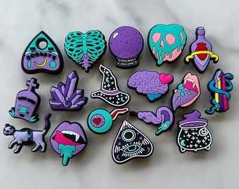 witch themed croc compatible shoe charms, trending magic clog charms, cute witch charms for crocs, moon water charms, moon charms, gems
