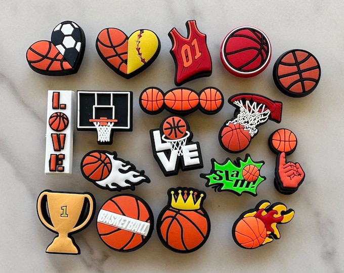 New charms for crocs, basketball themed shoe charms, basketball lover charms for crocs, unisex basketball clog charms, basketball hoop