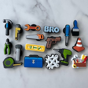 New popular charms for men, croc compatible charms for men, trending tool shoe charms, clog charms for handyman, hammer charm, tool charms