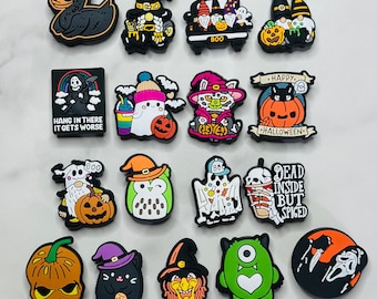 Halloween themed shoe charms for Crocs, Croc compatible diy fall shoe decor, ghosts, pumpkins, skulls, and more