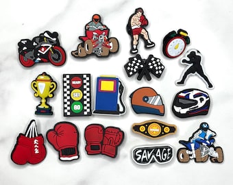 Racing + Boxing Croc-Compatible Shoe Charm – Flexible Water-Resistant Clog Accessory for Drivers, Fighters & Sports Fans – Sold Separately