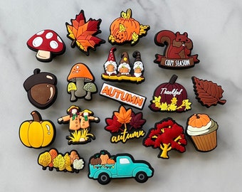 New trending fall shoe charms for your crocs, popular autumn croc compatible clog charms, fall colored shoe charms, sweater weather charms