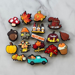New trending fall shoe charms for your crocs, popular autumn croc compatible clog charms, fall colored shoe charms, sweater weather charms