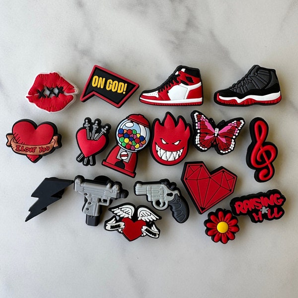 Brand new trending shoe charms for your crocs. Popular croc compatible charms, red and black shoe charms, heart charms, butterfly