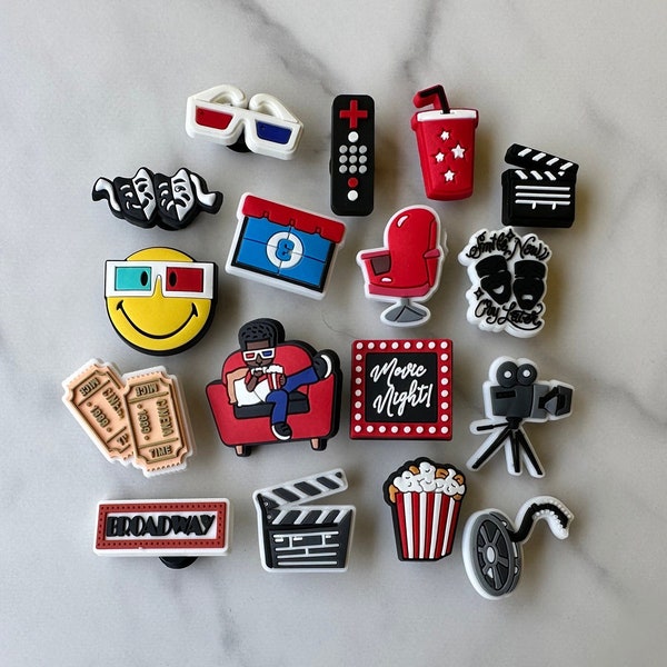 New trending movie theater charms for crocs, popular movie night shoe charms, theater themed Croc compatible charms