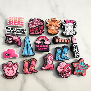 Cute Pink Western Croc compatible Charms | Fun Western Theme | Bell Bottoms, Cows & Cowboy Hats
