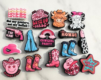 Cute Pink Western Croc compatible Charms | Fun Western Theme | Bell Bottoms, Cows & Cowboy Hats