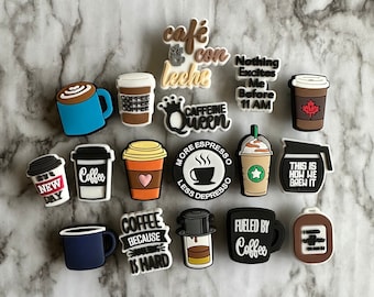 New coffee lover shoe charms for your crocs, croc compatible caffeine queen shoe charm, coffee cup charm, fueled by coffee, more espresso